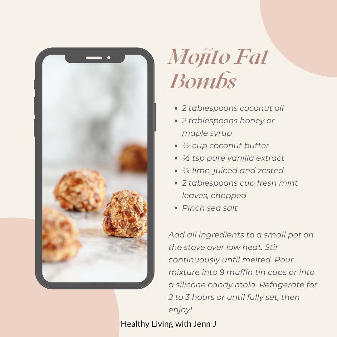 recipe card for mojito fat bombs